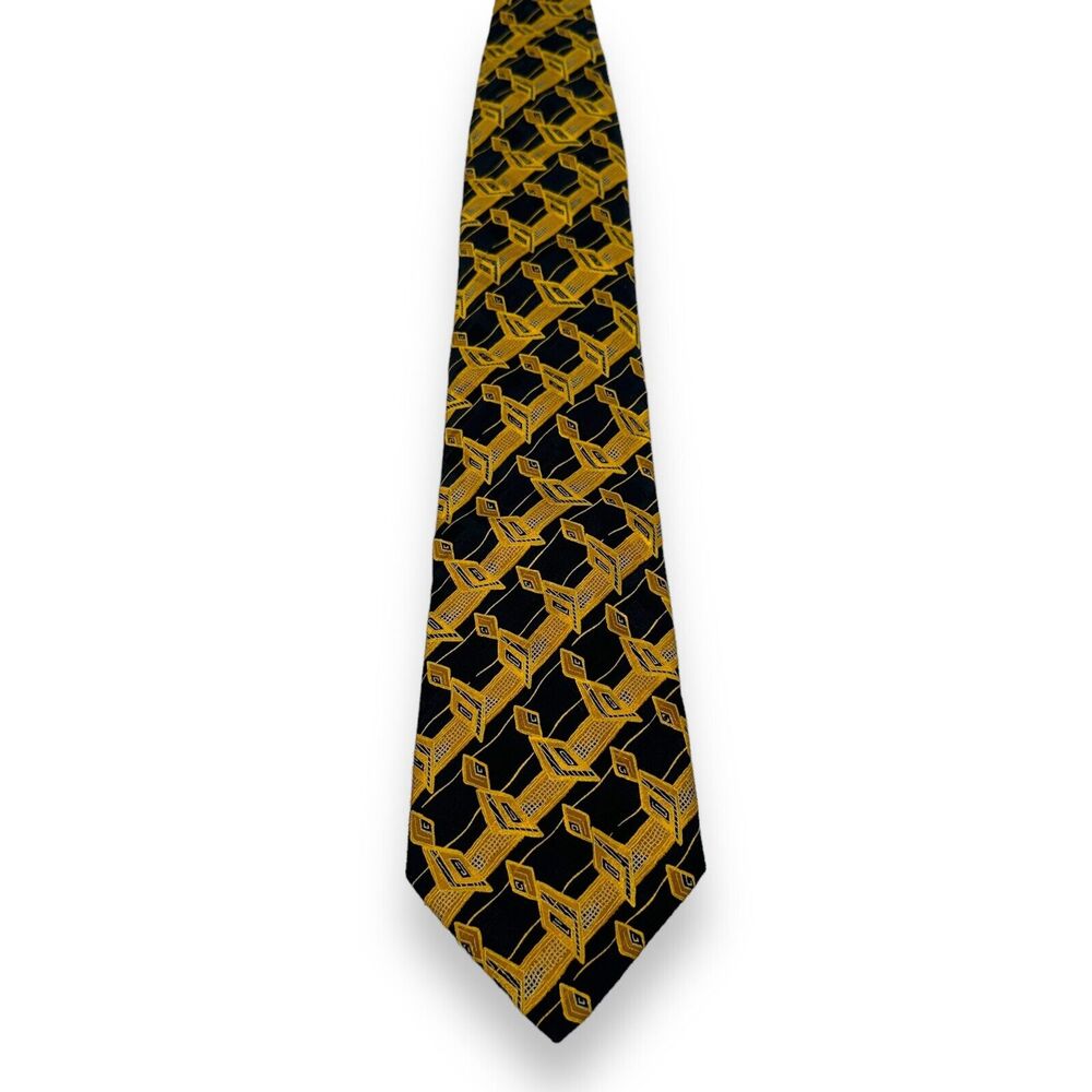 SANTOSTEFANO Mens Tie 100% Silk Luxury Italy Gold Black Geometric Argyle Necktie
